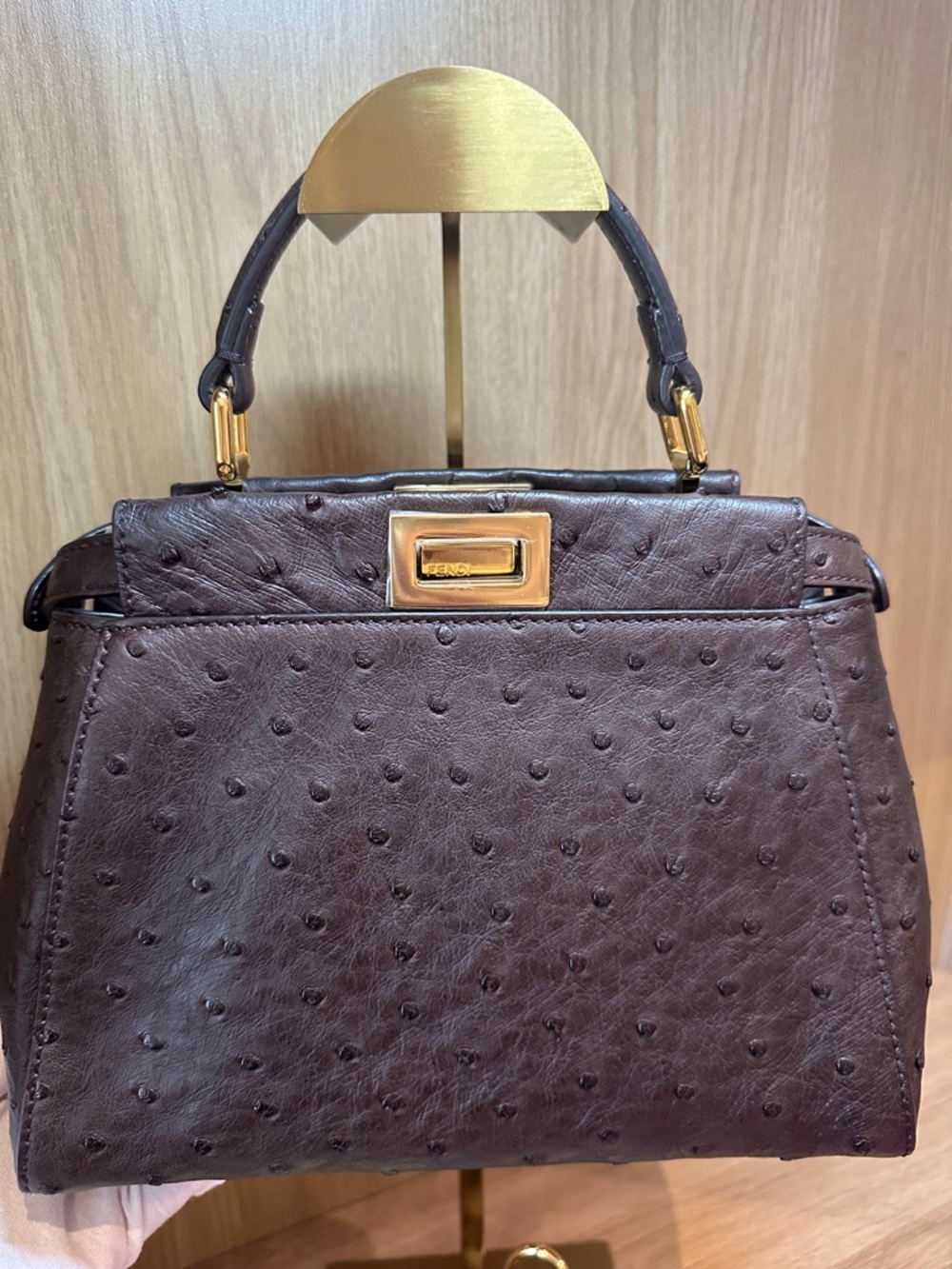Fendi Brown Ostrich-Textured Top-Handle Satchel with Gold Hardware